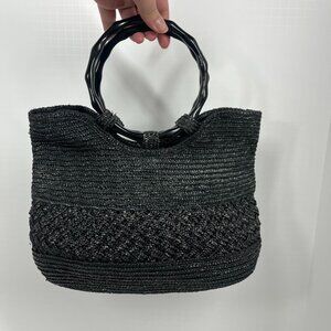 WHBM Black Wheat Straw Woven Summer Casual Beach Top Handle Handbag